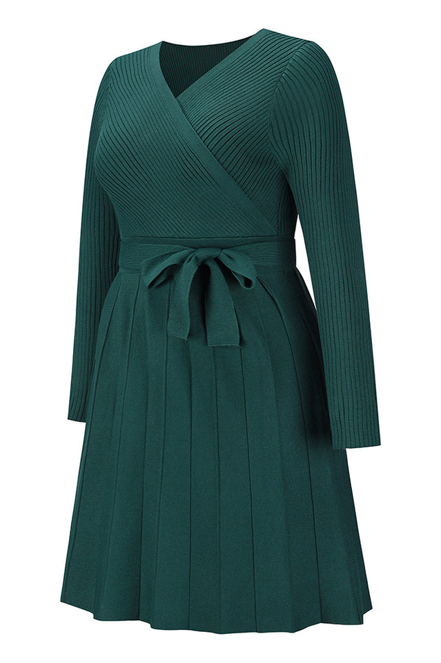 Surplice Neck Tie Front Pleated Sweater Dress