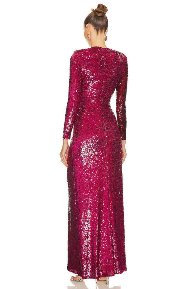 Burgundy Ruched Sequined Maxi Dress