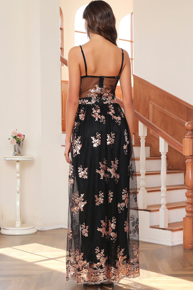 Mesh Sequin Floral Print Prom Dress