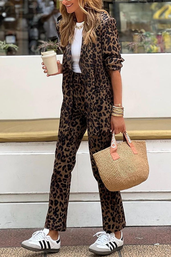 Faye -  Leopard Blazer and Elastic Waist Pants Set