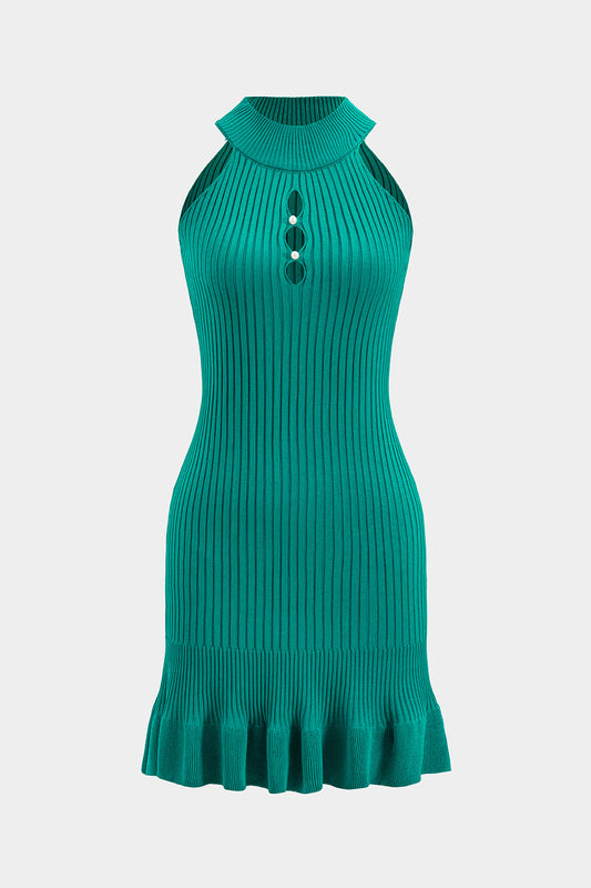 Knit Hollow Out Pleated Ruffle Sleeveless Dress