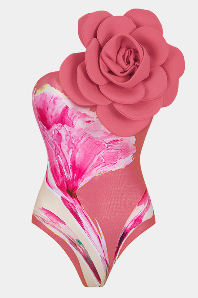 3D Flower One Shoulder Swimsuit & Skirt Set