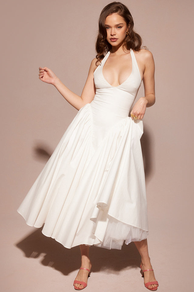 Marilyn White Cotton Halter Midi Sundress