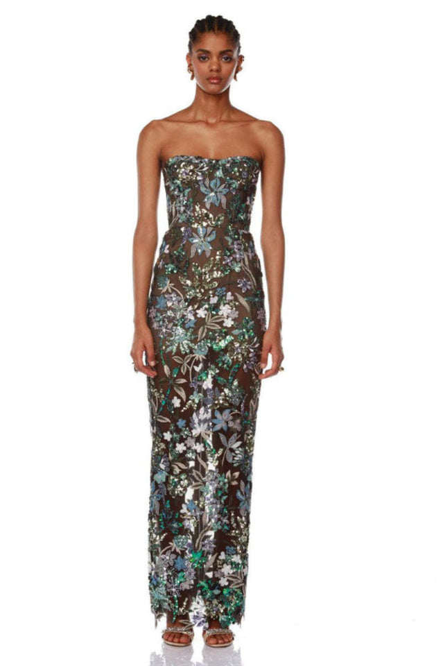 Kamames Strapless Floral Sequined Maxi Dress