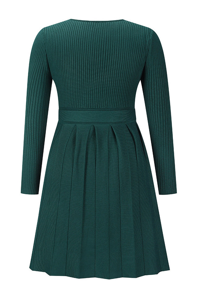 Surplice Neck Tie Front Pleated Sweater Dress