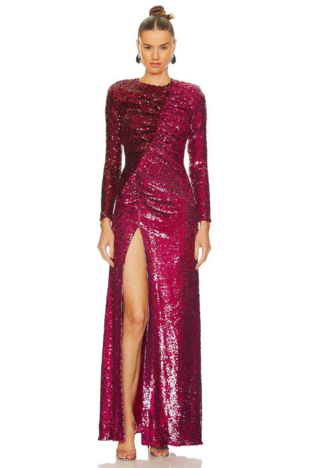 Burgundy Ruched Sequined Maxi Dress