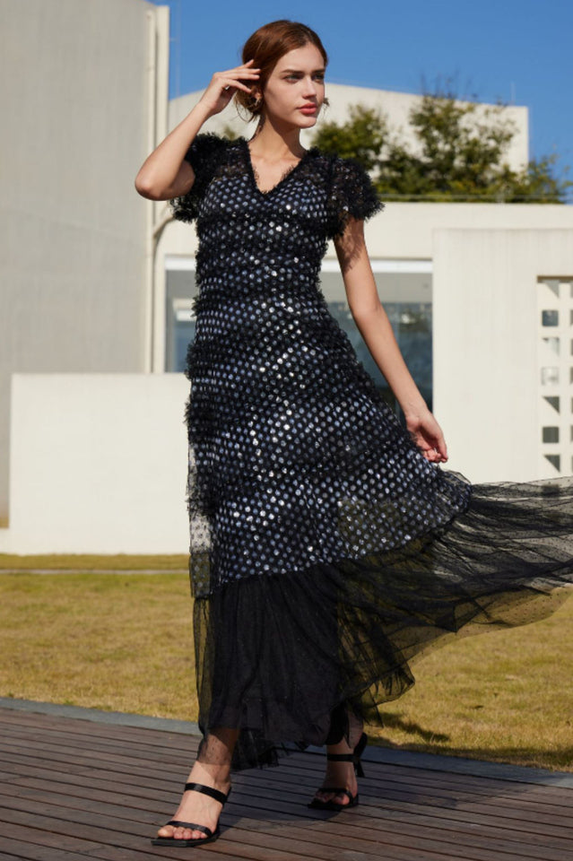 Sequin Layered Ruffle Tulle Maxi Dress