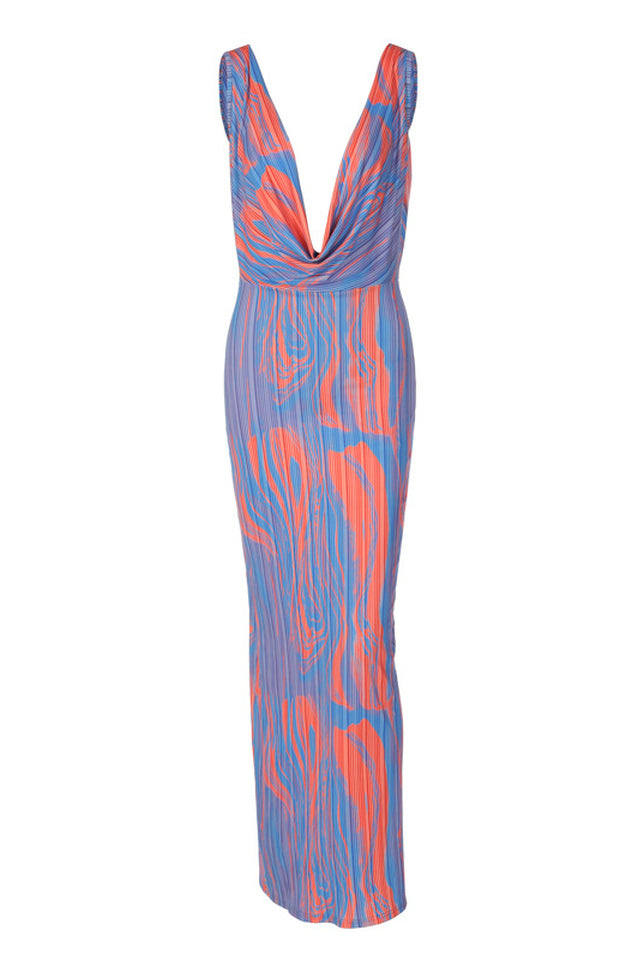 Abstract Print Plisse Cowl Plunge Maxi Dress