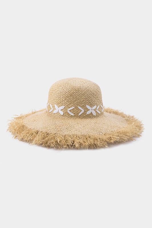 Woven Wide Brim Frayed Edge Hat