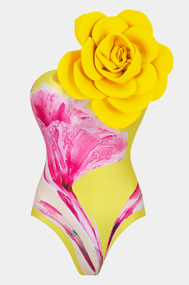 3D Flower One Shoulder Swimsuit & Skirt Set