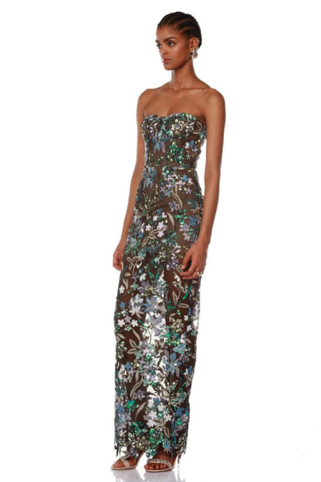 Kamames Strapless Floral Sequined Maxi Dress