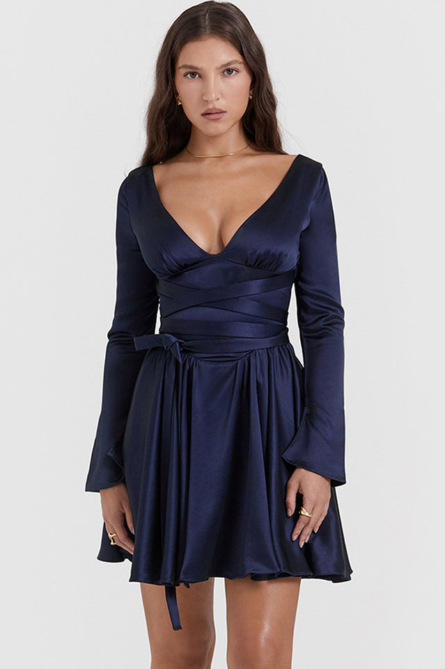 Dominique Navy Plunge Mini Dress