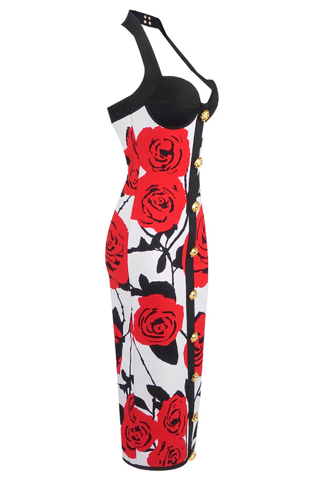 Knit Floral Halter Neck Midi Dress