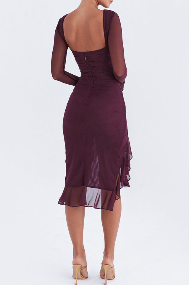 Wine Ruffle Midi Dress