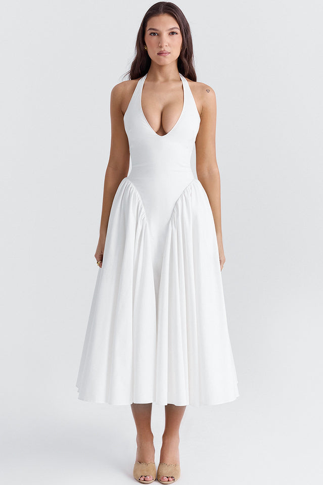 Marilyn White Cotton Halter Midi Sundress