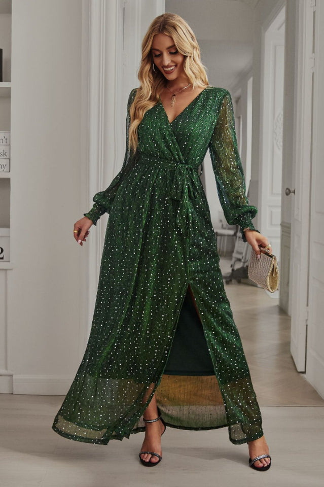 Leandra Front Split Shimmer Maxi Dress