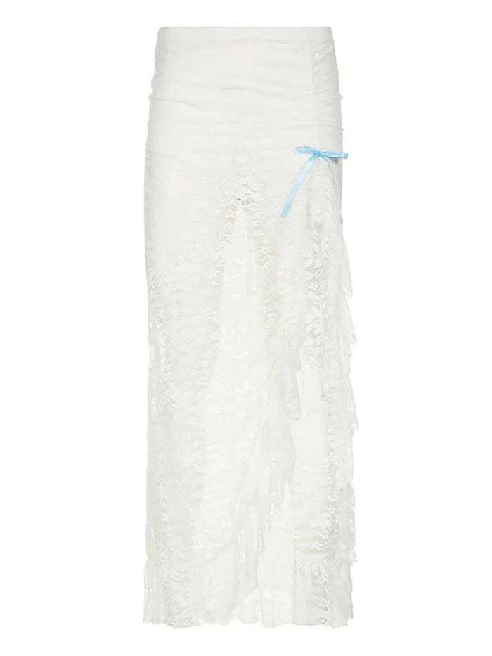 White Vintage See-Through Lace Midi Skirt