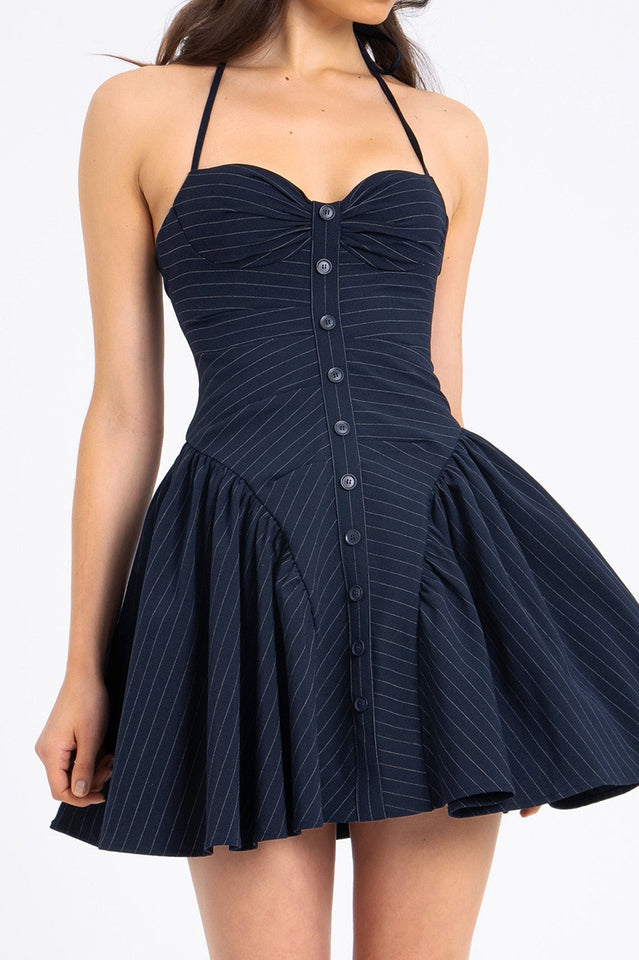 Melody Pinstripe Halter Drop Waist Mini Dress