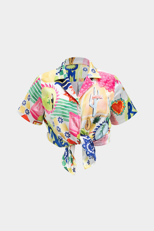 Plus Size Satin Pop Art Pattern V-Neck Short-Sleeve Shirt