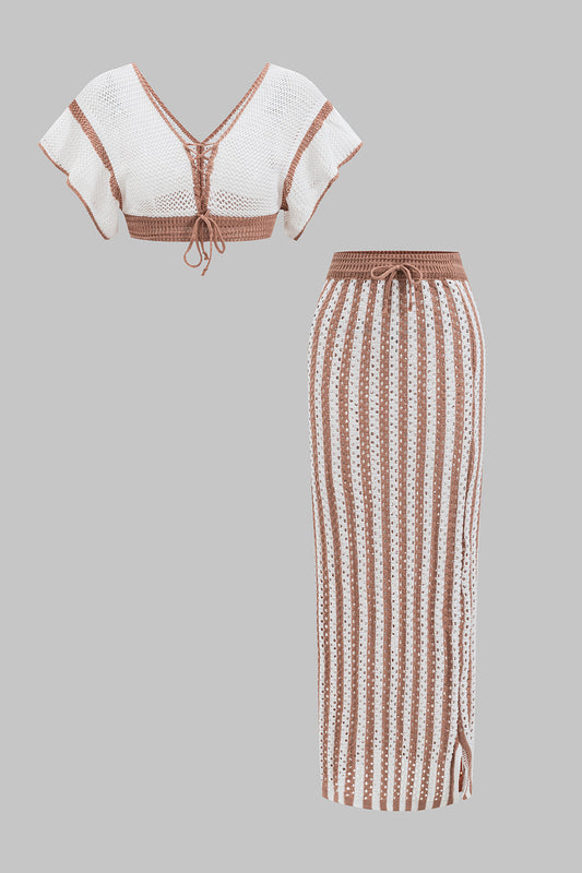 Knit Hollow Out V-Neck Tie-Front Tank Top And Drawstring Slit Skirt Set
