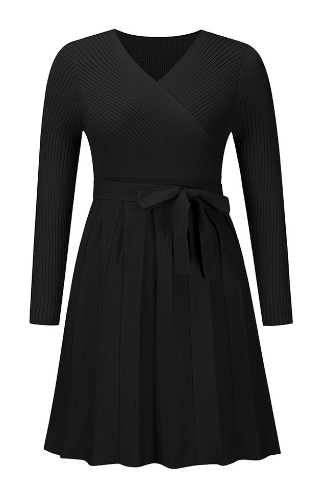 Surplice Neck Tie Front Pleated Sweater Dress