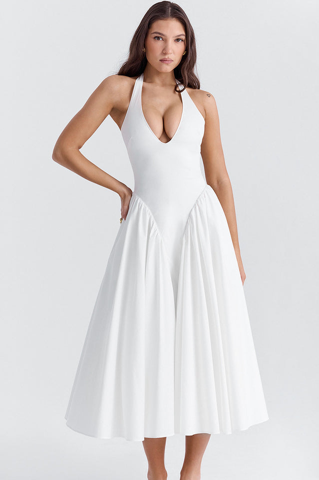 Marilyn White Cotton Halter Midi Sundress