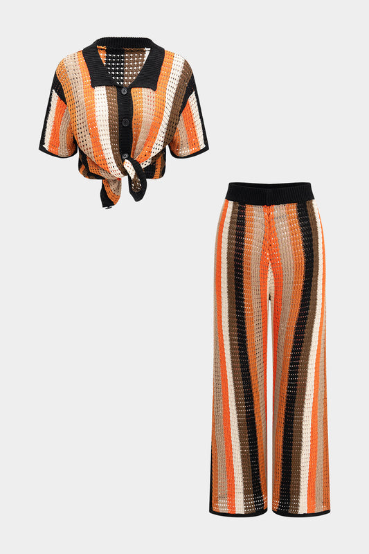 Knit Hollow Out Contrast Short-Sleeve Tank Top And Trousers Set
