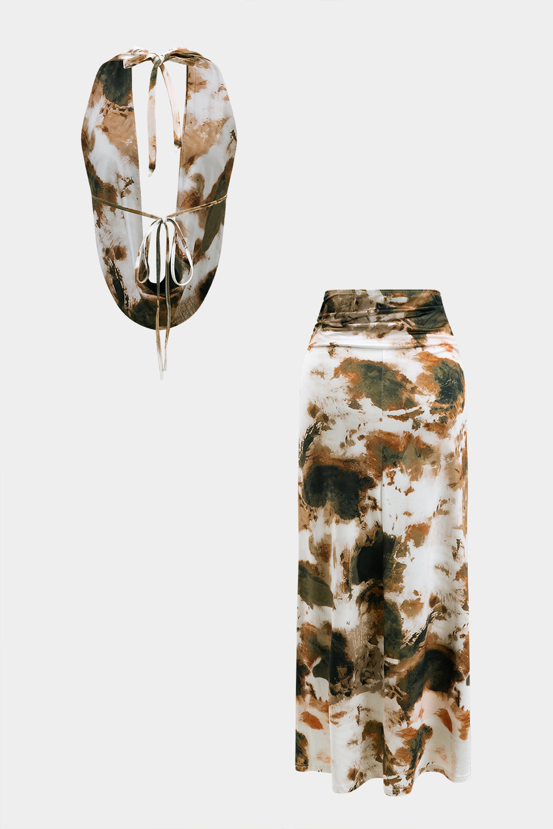 Contrast Print Backless Tie-Up Sleeveless Top And Ruched Skirt Set