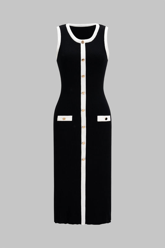 Knit Contrast Button Tank Sleeveless Dress