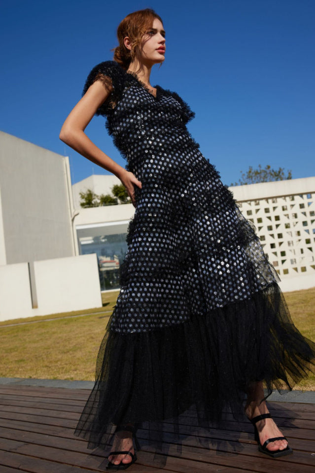Sequin Layered Ruffle Tulle Maxi Dress