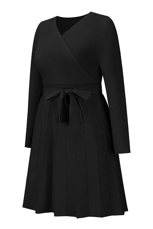 Surplice Neck Tie Front Pleated Sweater Dress