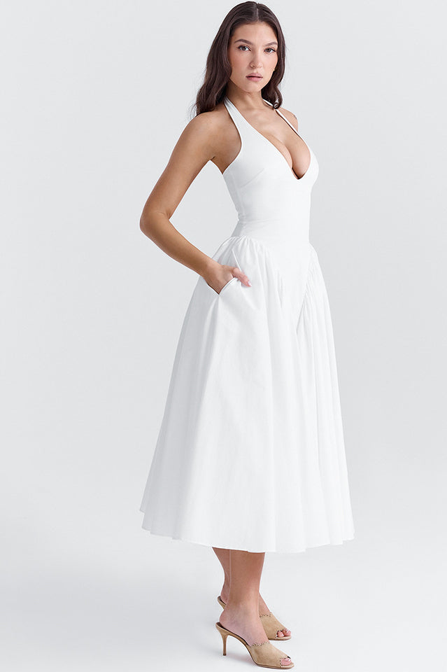 Marilyn White Cotton Halter Midi Sundress