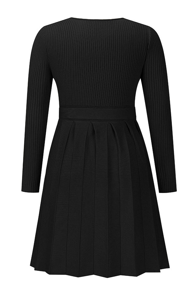 Surplice Neck Tie Front Pleated Sweater Dress