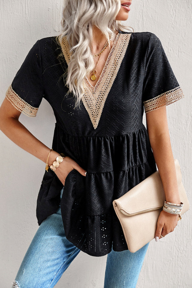 Contrast Short Sleeve Tiered Blouse