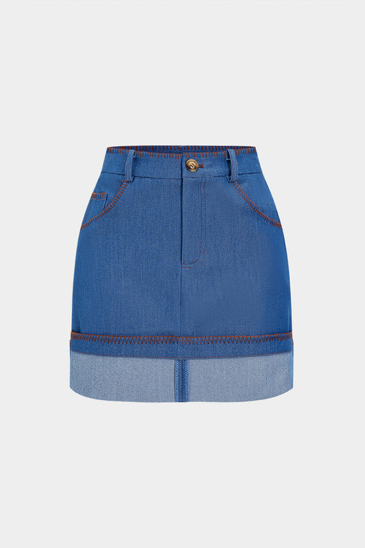 Denim Piping Stitching Cuffed Mini Skirt