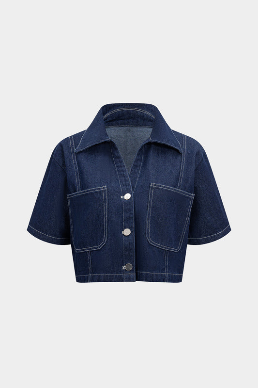 Denim Button Pocket Short-Sleeve Top