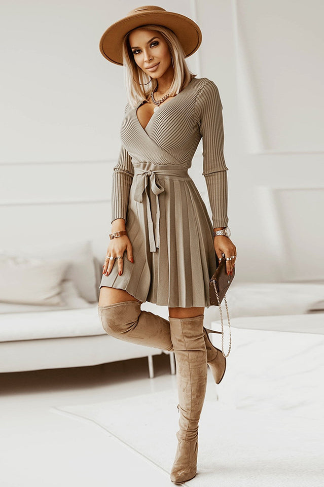 Surplice Neck Tie Front Pleated Sweater Dress