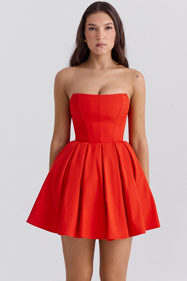 Emmanuela Tomato Strapless Pleated Mini Dress