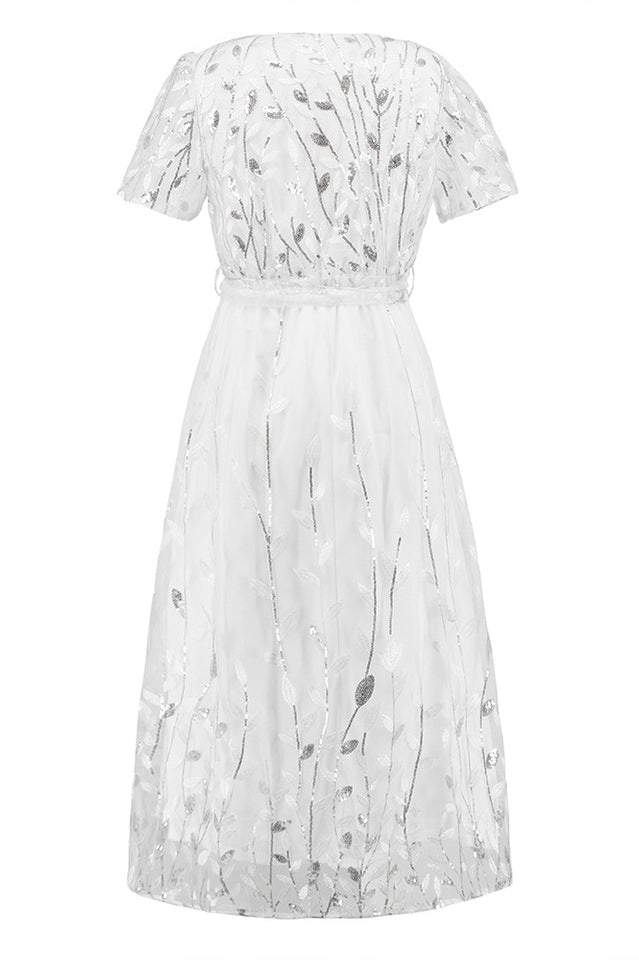 Sequin Leaf Embroidery Tie Front Dress