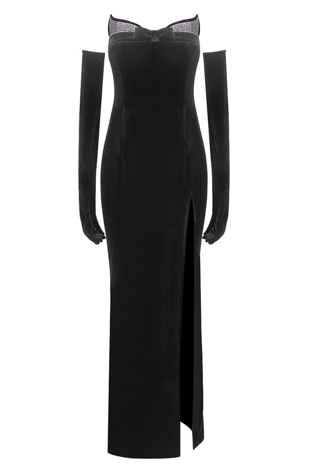 Strapless Embellished Maxi Velvet Dress