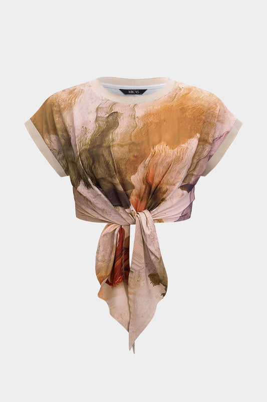 Plus Size Retro Print Ruched Twist Knot Short Sleeve T-Shirt