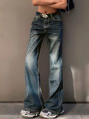 Dark Vintage Washed Distressed Boyfriend Flare Jeans