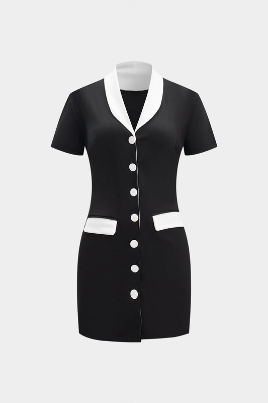Contrast Button Short Sleeve Mini Dress