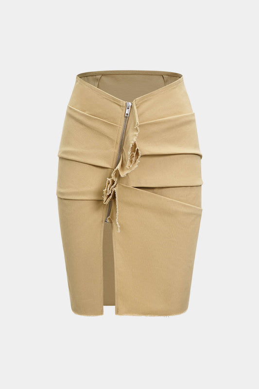 Asymmetrical Ruched Zipper Slit Skirt