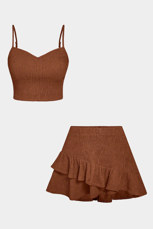 Plus Size Texture Cami Top And High Waist Ruffle Skirt Set