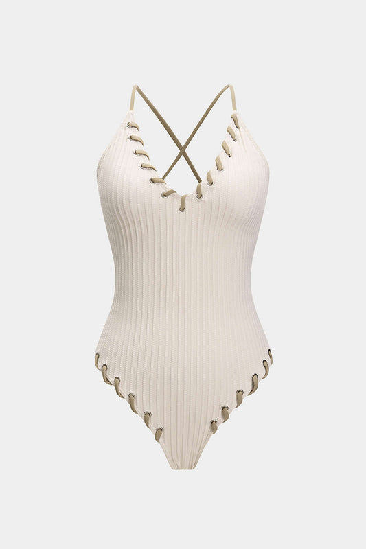 Contrast Whipstitching Tie Back Sleeveless Slip Bodysuit