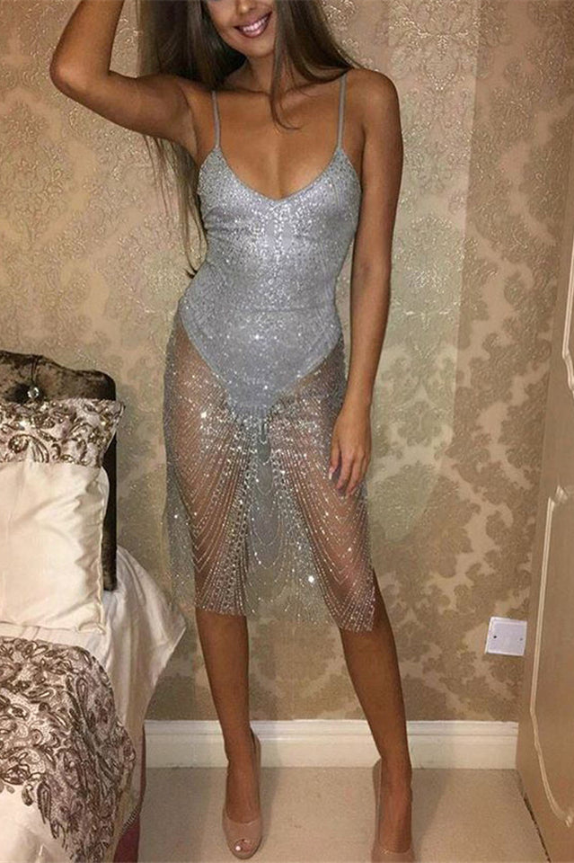 Sequins Strap Split See Through Mesh Dress