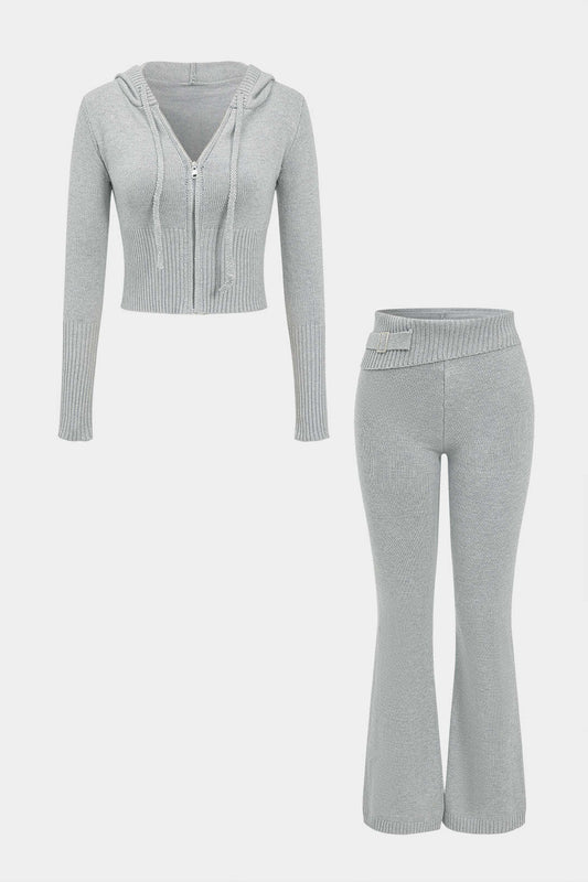 Solid Knit Hooded Top And Asymmetrical Pants Set