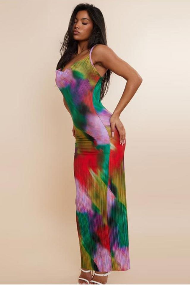 Multi Watercolor Plisse Strappy Maxi Dress