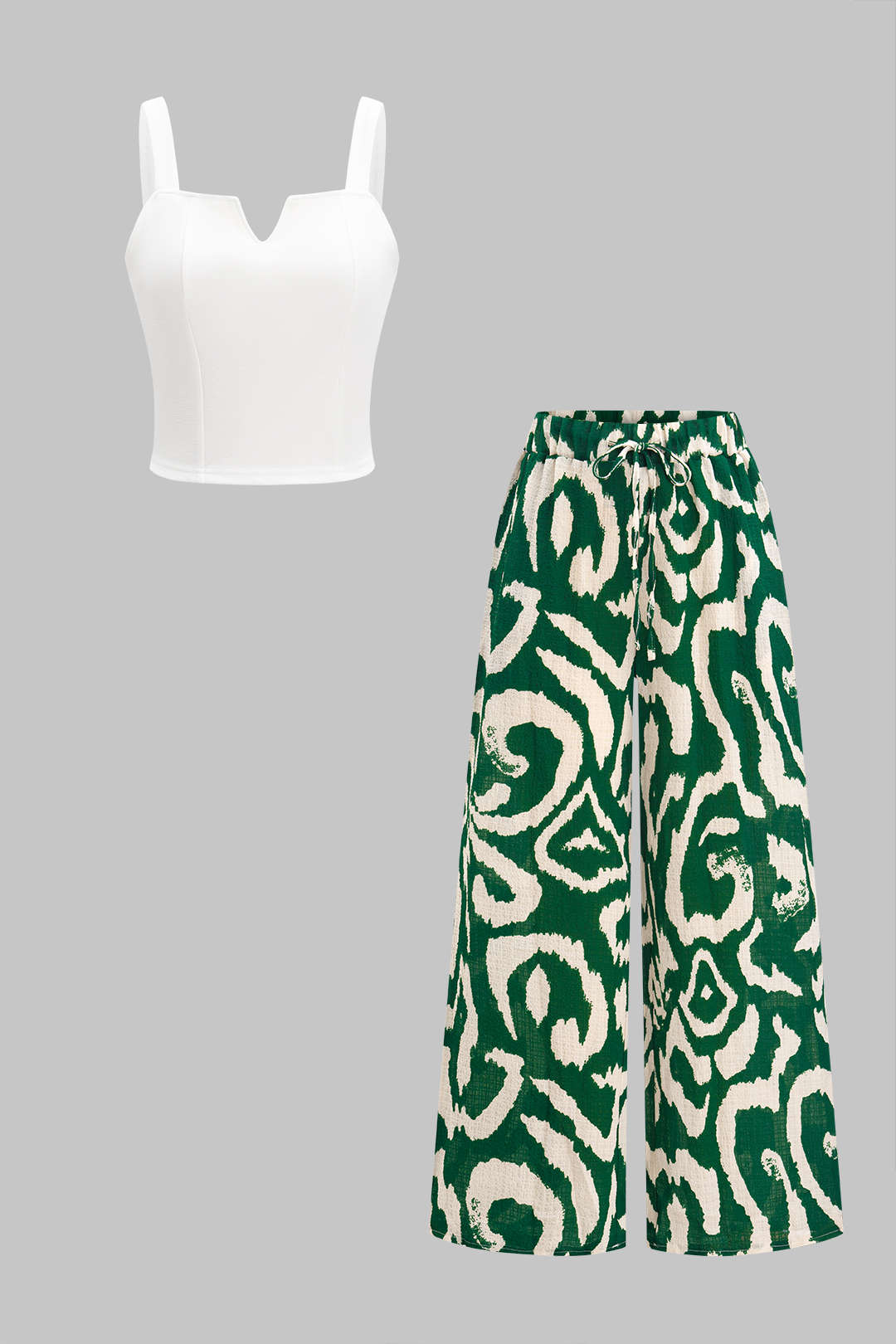 Sleeveless Tank Top And Hawaiian Pattern Contrast Wide Leg Trousers Set